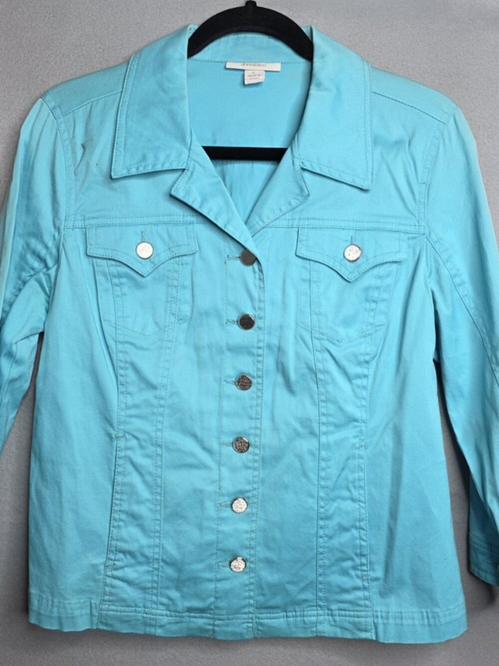 Dressbarn Womens L Blue Flap Pocket Button Up Cotton Spandex Trucker Jacket